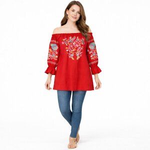 Boho Embroidered Peasant Tunic Blouse Red Floral Size Small Free People Festival
